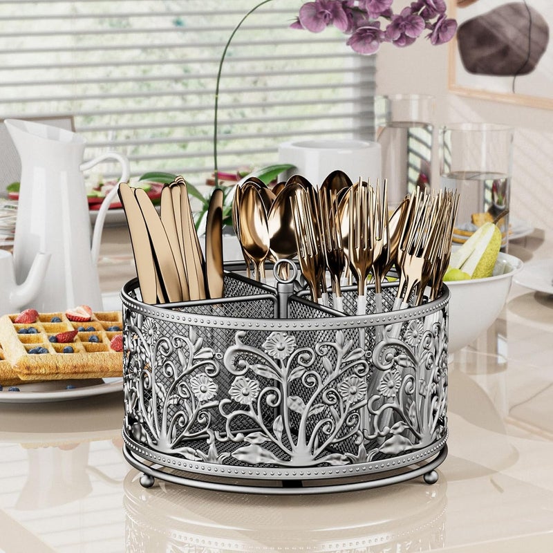 YIUKEA 360° Rotating Utensil Caddy - Silverware Cutlery Caddy Holder with 4 Compartment, Metal Flatware Organizer Countertop with Handle for Party Camping Picnic, Kitchen Counter, Office (Silver) - Image 2